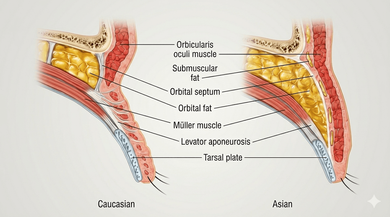 Cross-sectional comparison of Caucasian and Asian upper eyelid anatomy โ levator aponeurosis attachment, orbital septum position, and preseptal fat